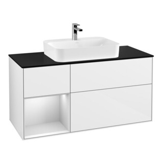 V&B Finion Meuble sous lavabo 120 cm, Pl blanc mat, Rg laqué blanc mat, éclairage mural blanc brillant