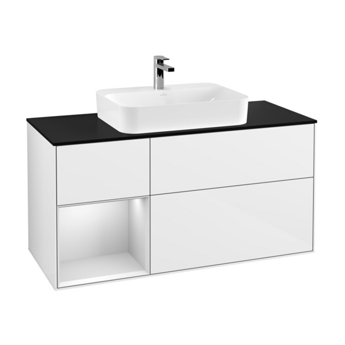 V&B Finion Meuble sous lavabo 120 cm, Pl blanc mat, Rg laqué blanc mat, éclairage mural blanc brillant