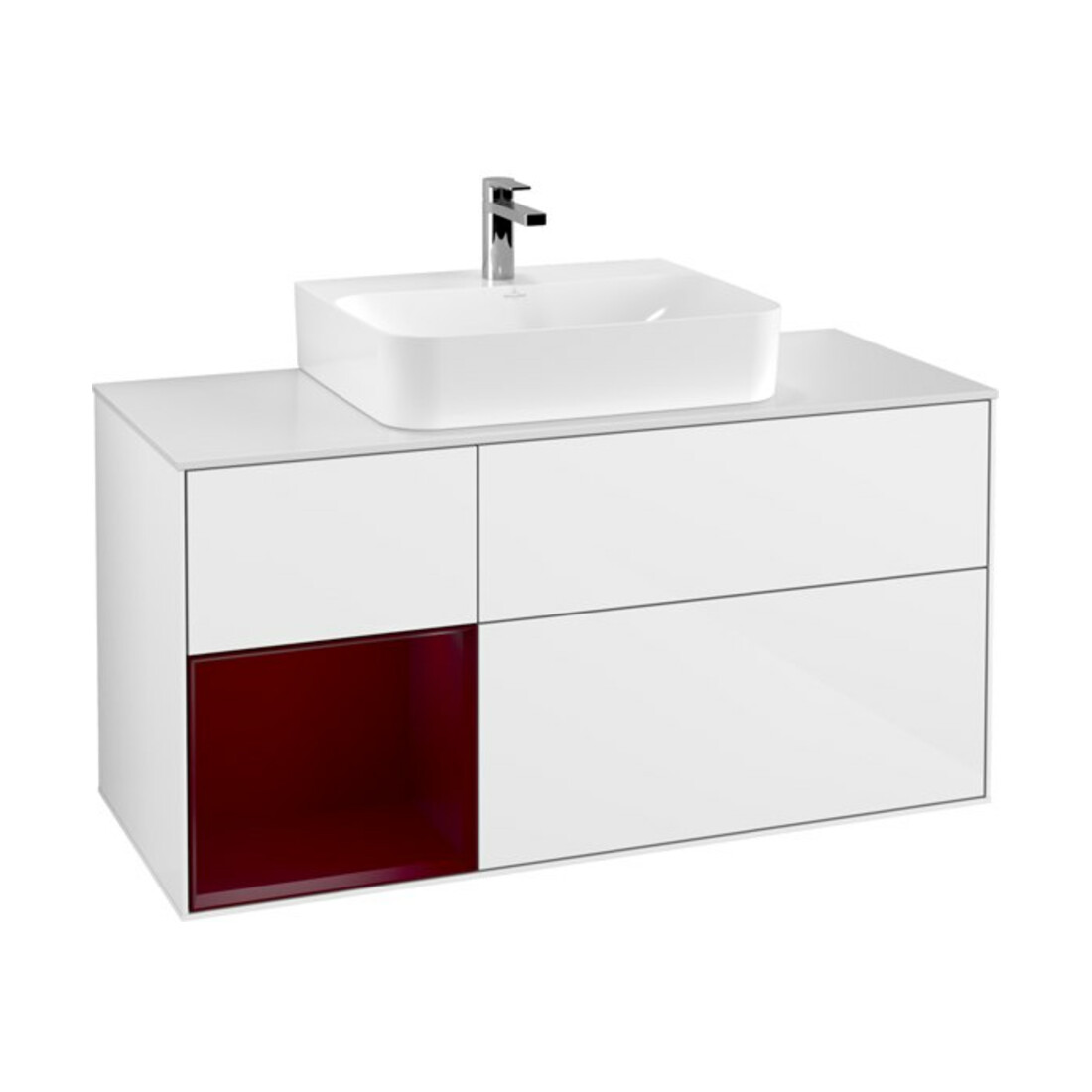 V&B Finion Meuble sous lavabo 120 cm, pl blanc mat, tiroir gauche Peo, blanc brillant laqué