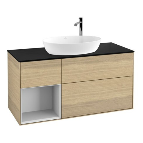 V&B Finion Meuble sous lavabo 120 cm, Pl bleu mat, Étagère blanche avec laque, Oa ven