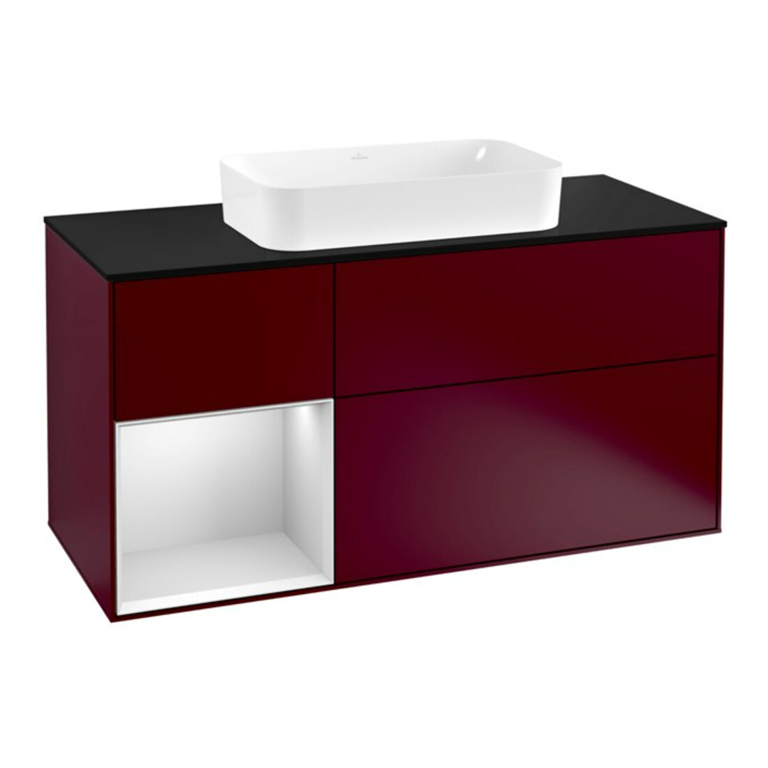 V&B Finion Meuble sous lavabo 120 cm, Pl bleu mat, Étagère gauche blanc mat avec laque, Poignée mat