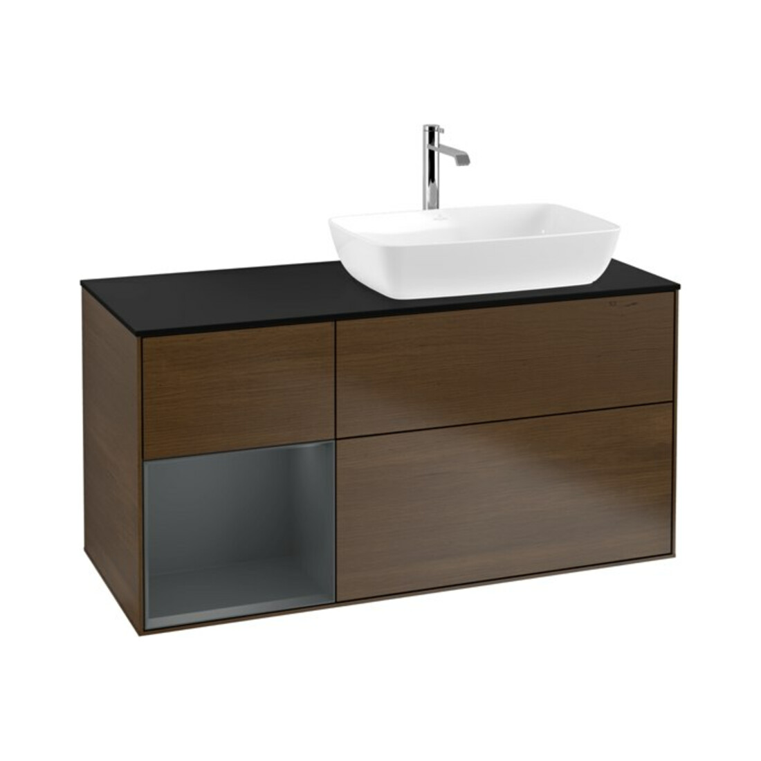 V&B Finion Meuble sous lavabo 120 cm, Pl bleu mat, étagère médium laqué, noyer veinée