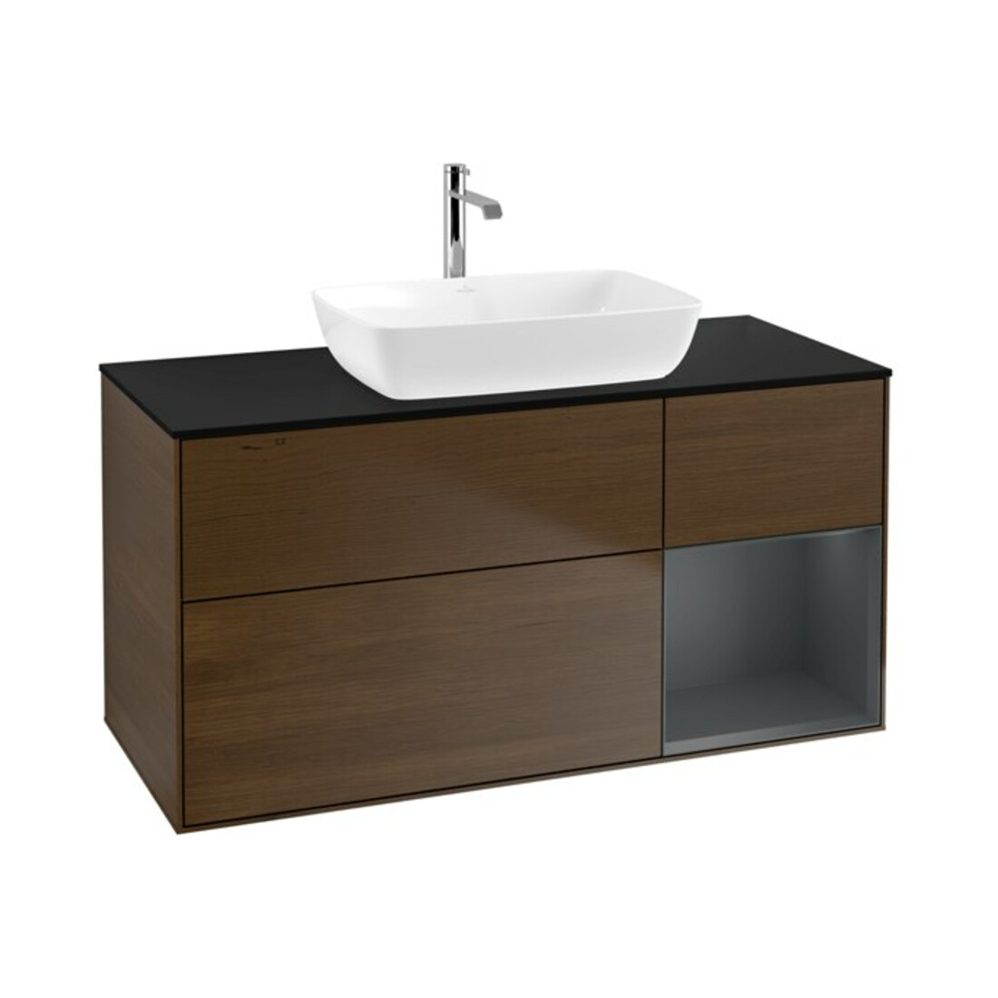 V&B Finion Meuble sous lavabo 120 cm, Pl bleu mat, Étagère médium mat, Noyer veinée