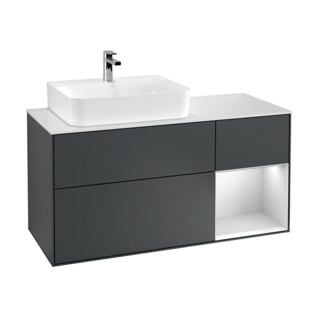 V&B Finion Meuble sous lavabo 120 cm, Pl w m, Rg l w m La, avec éclairage mural, md bl. m Lac