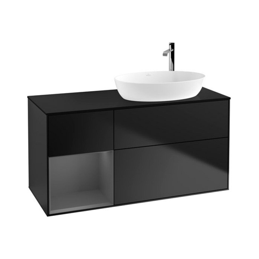 V&B Finion Meuble sous lavabo 120 cm, placage blanc mat, poignée alu mat, bleu mat lacqué