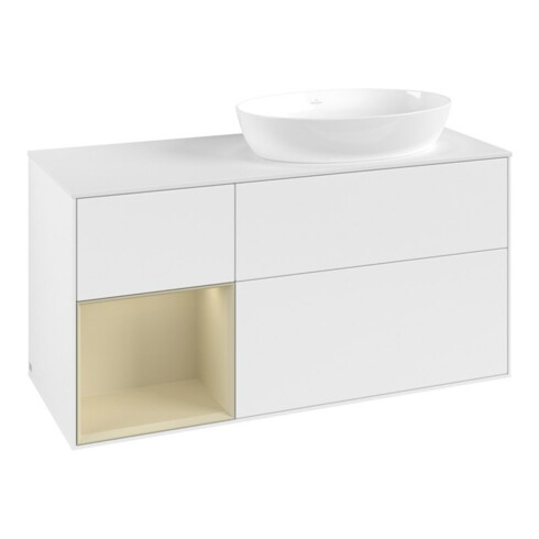 V&B Finion Meuble sous lavabo 120 cm, placage blanc mat, rainure gris moyen laqué, blanc mat laqué