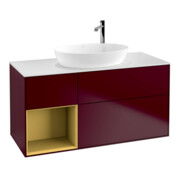 V&B Finion Meuble sous lavabo 120 cm, placage blanc mat, réglette dorée mat, poignée métal
