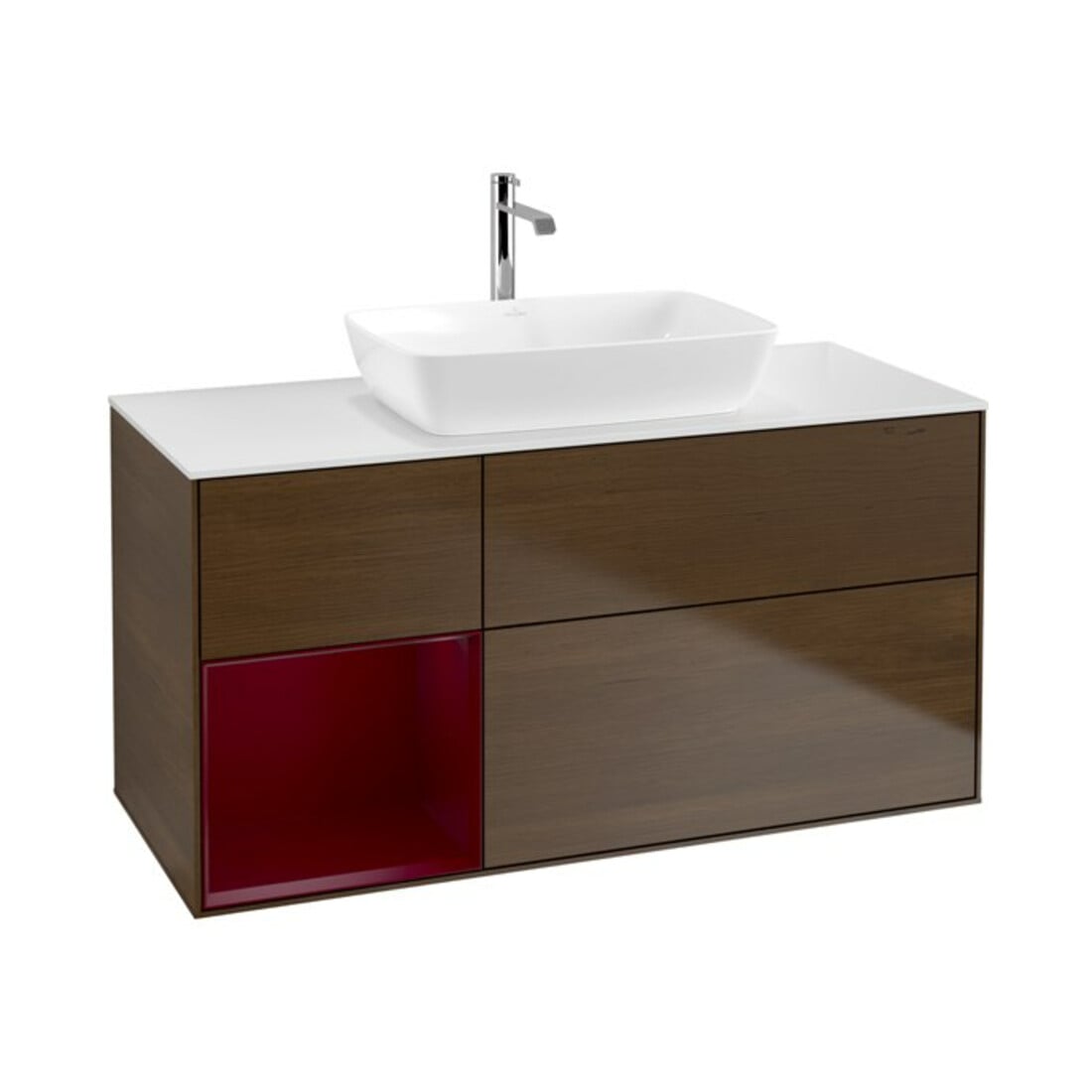 V&B Finion Meuble sous lavabo 120 cm, placage blanc, tiroir Peo avec laque, noyer veiné