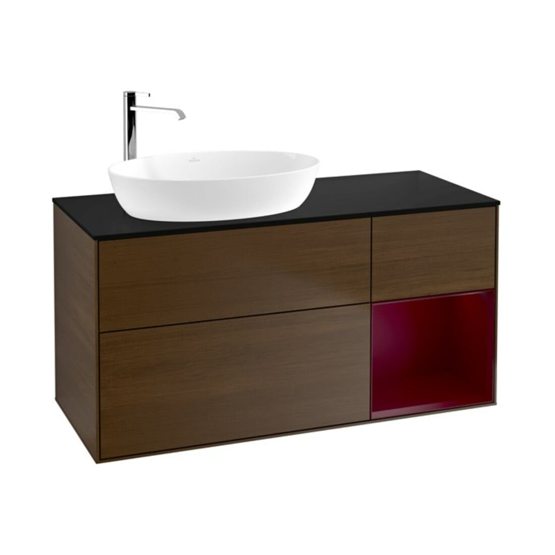 V&B Finion Meuble sous lavabo 120 cm, placage bleu, étagère en verre laqué, noyer veneer