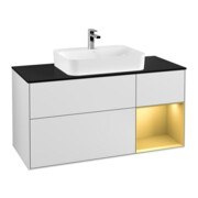 V&B Finion Meuble sous lavabo 120 cm, placage bleu, rangement réglable, blanc laqué