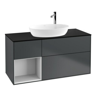 V&B Finion Meuble sous lavabo 120 cm, Placage bois, Blanc mat laqué, avec tiroirs bleus laqués