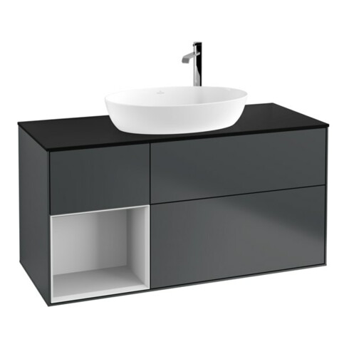 V&B Finion Meuble sous lavabo 120 cm, Placage bois, Blanc mat laqué, avec tiroirs bleus laqués
