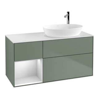 V&B Finion Meuble sous lavabo 120 cm, placage bois blanc mat, laqué brillant, olivier mat laqué