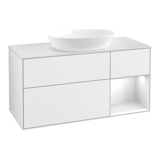 V&B Finion Meuble sous lavabo 120 cm, placage bois, gris mat, laque blanc brillant
