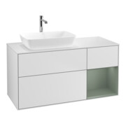 V&B Finion Meuble sous lavabo 120 cm, placage bois, laque blanche, avec éclairage mural