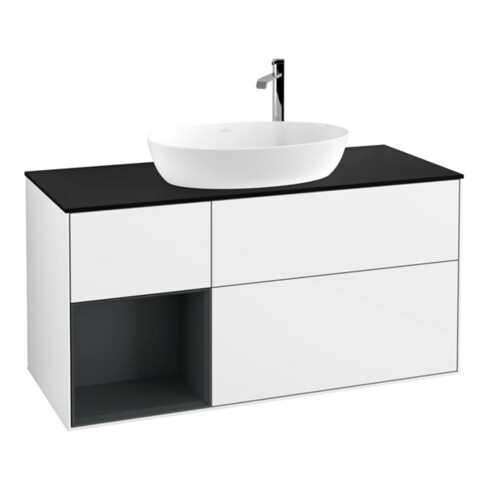 V&B Finion Meuble sous lavabo 120 cm, placage bois, laqué brillant blanc