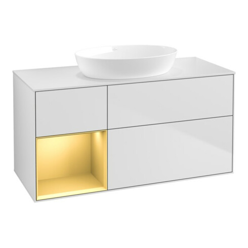 V&B Finion Meuble sous lavabo 120 cm, placage bois, laque réglisse, blanc laqué