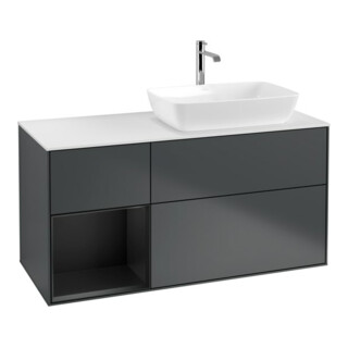 V&B Finion Meuble sous lavabo 120 cm, placage bois, laqué rouge mat, poignée bleue mat