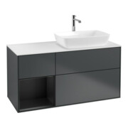 V&B Finion Meuble sous lavabo 120 cm, placage bois, laqué rouge mat, poignée bleue mat