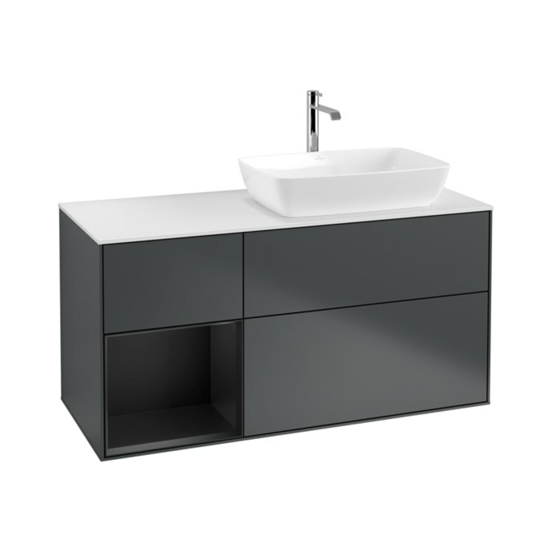 V&B Finion Meuble sous lavabo 120 cm, placage bois, laqué rouge mat, poignée bleue mat