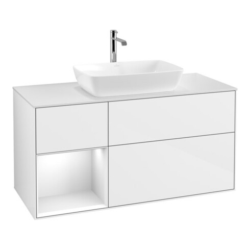 V&B Finion Meuble sous lavabo 120 cm, placage bois m, laque blanche brillante