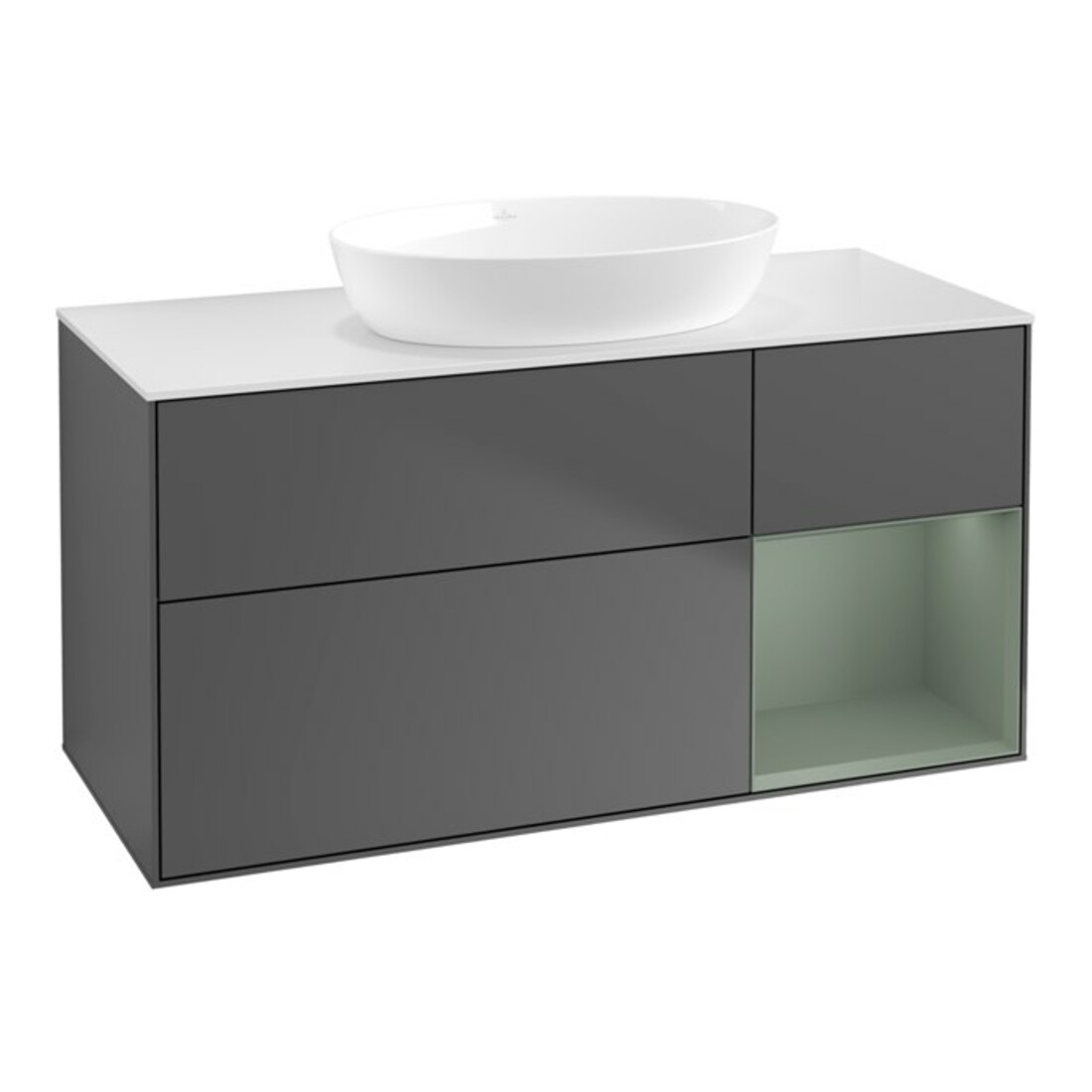 V&B Finion Meuble sous lavabo 120 cm, placage bois, olivier mat laqué, anthracite mat