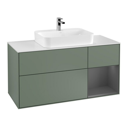 V&B Finion Meuble sous lavabo 120 cm, placage bois, rouge mat, olivier mat laqué