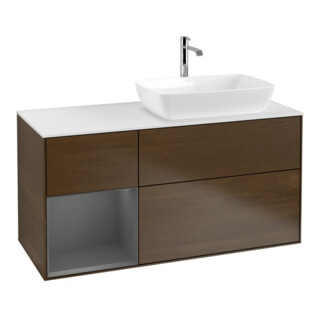 V&B Finion Meuble sous lavabo 120 cm, placage noyer, éclairage mural, laqué blanc