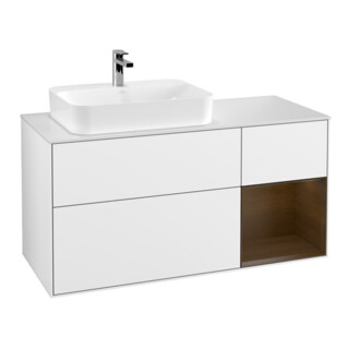 V&B Finion Meuble sous lavabo 120 cm, placage noyer rayé, blanc brillant
