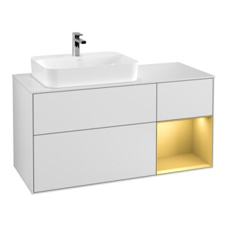 V&B Finion Meuble sous lavabo 120cm, éclairage mural, placage blanc, tiroir droit or, blanc mat Lac