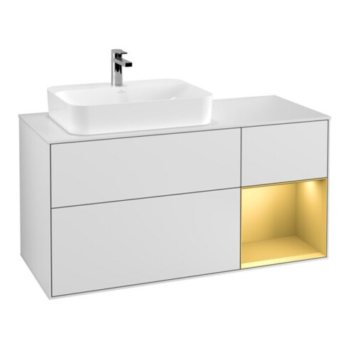 V&B Finion Meuble sous lavabo 120cm, éclairage mural, placage blanc, tiroir droit or, blanc mat Lac