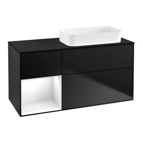 V&B Finion Meuble sous lavabo 120x60 cm, éclairage mural, laqué blanc, bleu mat lacqué, rég gauche