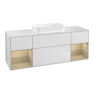 V&B Finion Meuble sous lavabo 160 cm, blanc brillant, éclairage mural, étagère ouverte, blanc mat laqué