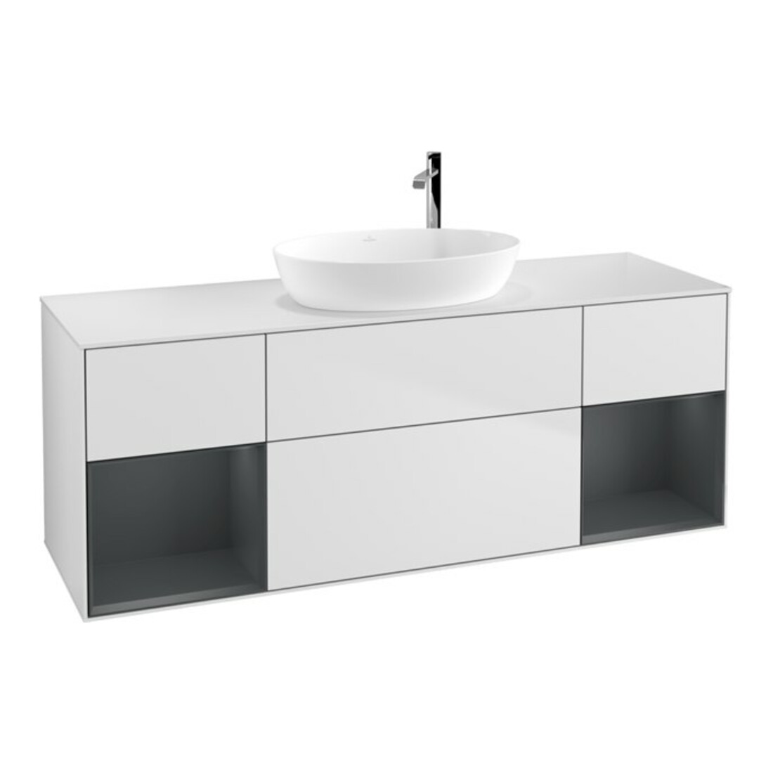 V&B Finion Meuble sous lavabo 160 cm, blanc mat, avec éclairage mural, avec étagère médium mat laqué, blanc mat laqué