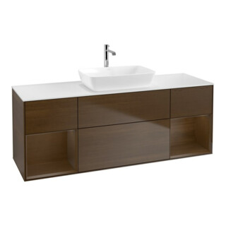 V&B Finion Meuble Sous-Lavabo 160 cm, blanc mat, éclairage mural, noyer verni