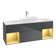 V&B Finion Meuble sous lavabo 160 cm, blanc mat, gris moyen laqué, poignée bleue mat laquée