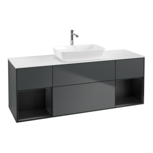 V&B Finion Meuble sous lavabo 160 cm, blanc mat, poignée bois mat laqué, miroir blanc mat laqué