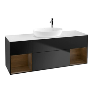 V&B Finion Meuble sous lavabo 160 cm, blanc mat, porte en noyer verni, façade bleue mate Lac