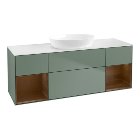 V&B Finion Meuble sous lavabo 160 cm, blanc mat, porte en noyer verni, poignée en laiton mat