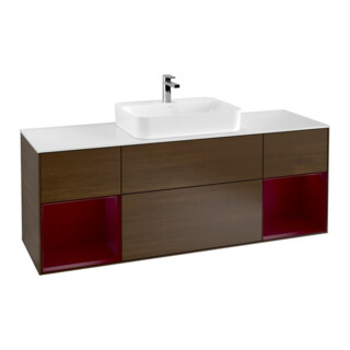 V&B Finion Meuble sous lavabo 160 cm, blanc mat, réglette LED, noyer veinée