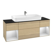 V&B Finion Meuble sous lavabo 160 cm, bleu pâle, étagère blanche avec laque, éclairage mural