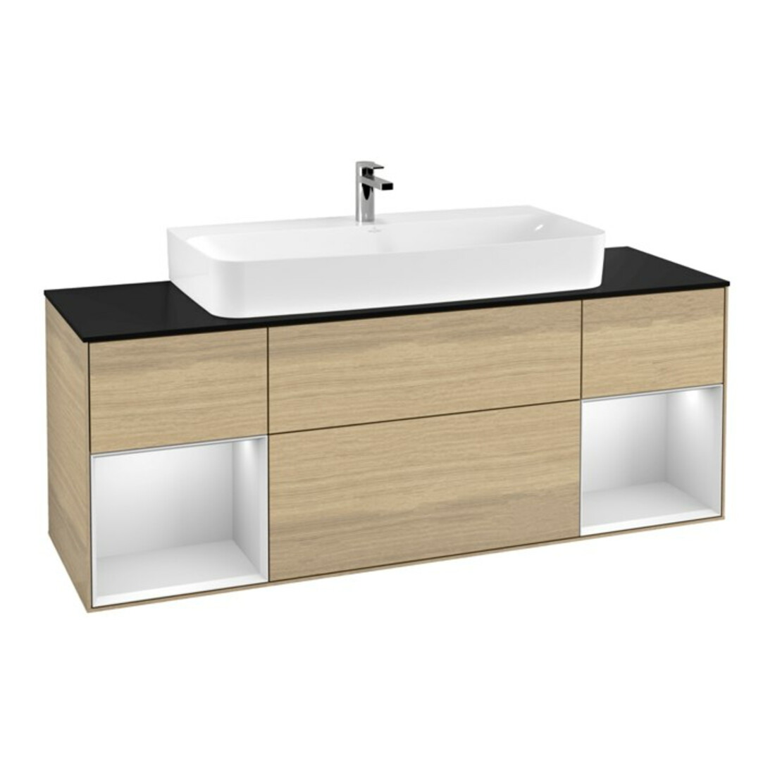 V&B Finion Meuble sous lavabo 160 cm, bleu pâle, étagère blanche avec laque, éclairage mural