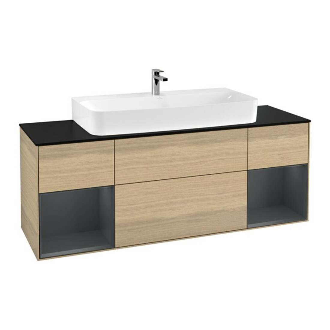 V&B Finion Meuble sous lavabo 160 cm, bleu pâle, étagère moyenne, laqué, éclairage mural