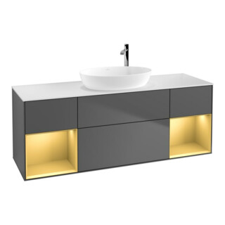 V&B Finion Meuble sous lavabo 160 cm, éclairage mural, anthracite, laqué, avec réglette dorée