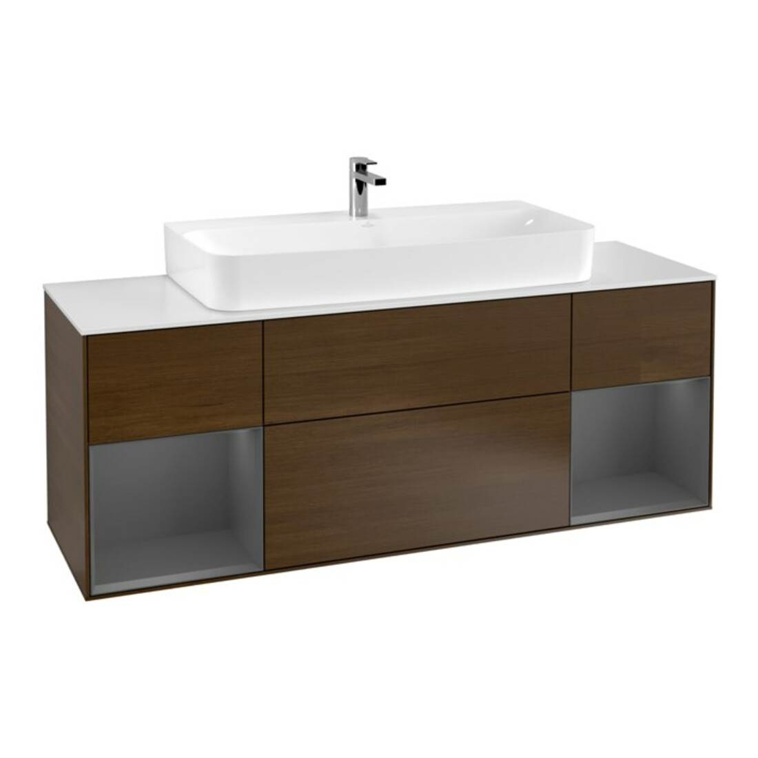 V&B Finion Meuble sous lavabo 160 cm, éclairage mural, anthracite mat, placage noyer