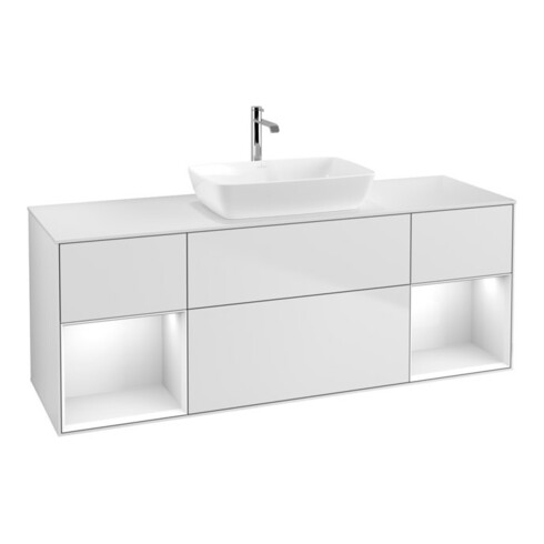V&B Finion Meuble sous lavabo 160 cm, éclairage mural, blanc brillant, laqué