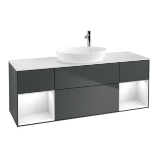 V&B Finion Meuble sous lavabo 160 cm, éclairage mural, blanc mat, laqué gris clair, avec laque bleue