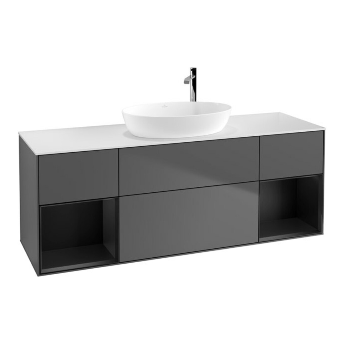 V&B Finion Meuble sous lavabo 160 cm, éclairage mural, blanc mat, réglette bleue mate, anthracite mat