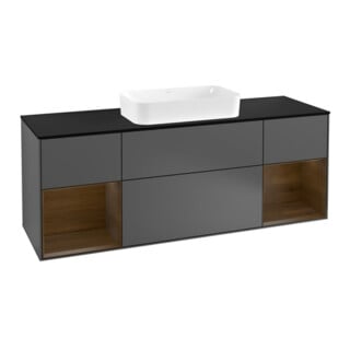 V&B Finion Meuble sous lavabo 160 cm, éclairage mural, bleu, étagère noyer, anthracite