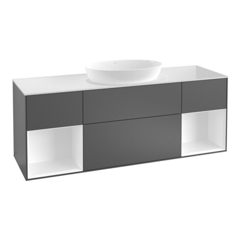 V&B Finion Meuble sous lavabo 160 cm, éclairage mural, laqué blanc brillant